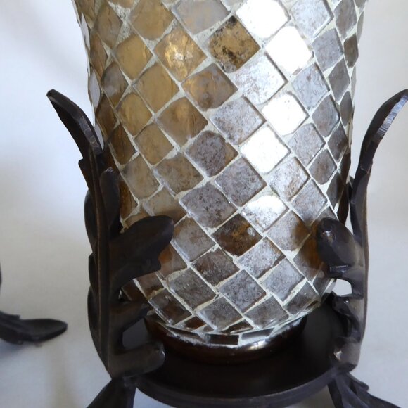 NEW 7.25” STAINED GLASS MOSAIC ART GLASS CAST IRON LEAF STANDS CANDLE HOLDER SET - Picture 7 of 13